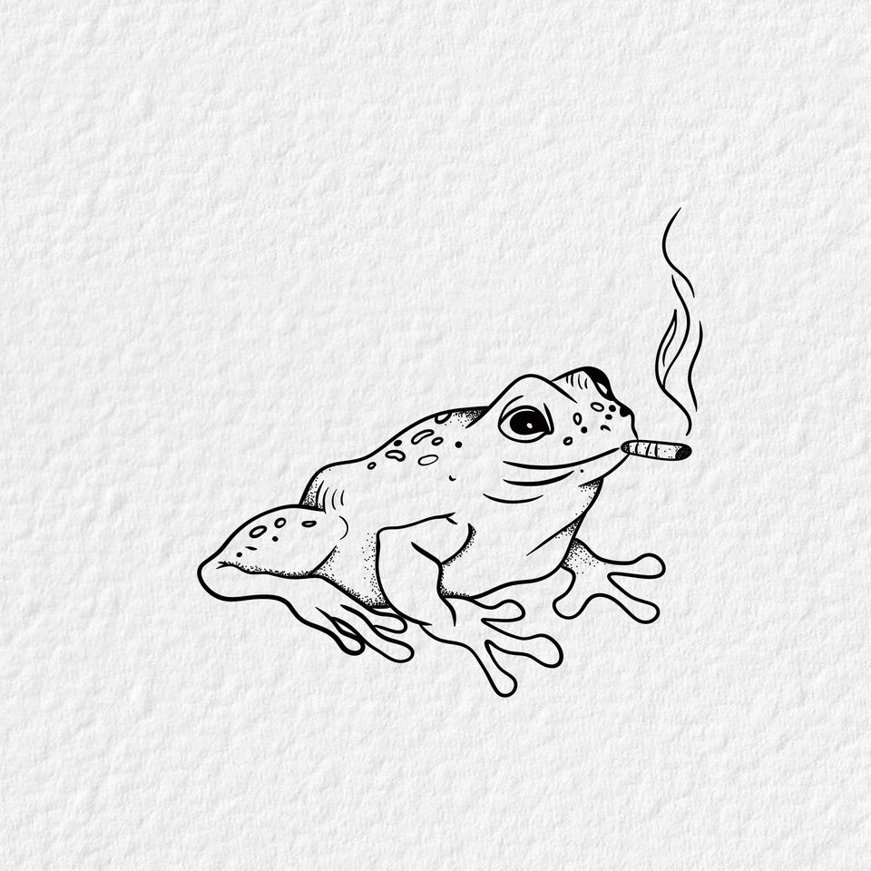 Vonalrajz egy békáról, szájában cigarettával és fölötte felszálló füsttel.