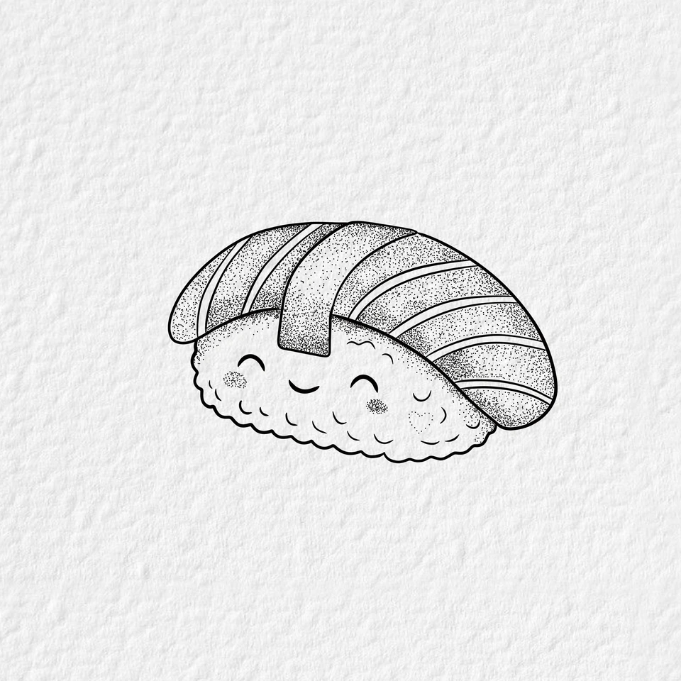 Vonalrajz egy mosolygó sushi-figuráról.